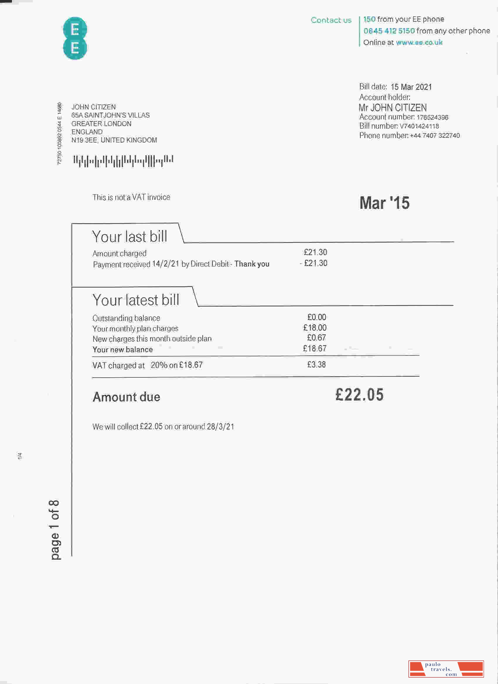 United Kingdom EE phone utility bill template, fully editable in PSD format